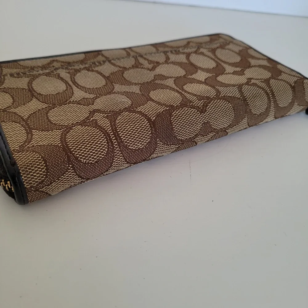 Coach Signature Canvas Accordion Zip Wallet Brown Tan Monogram Long Wallet